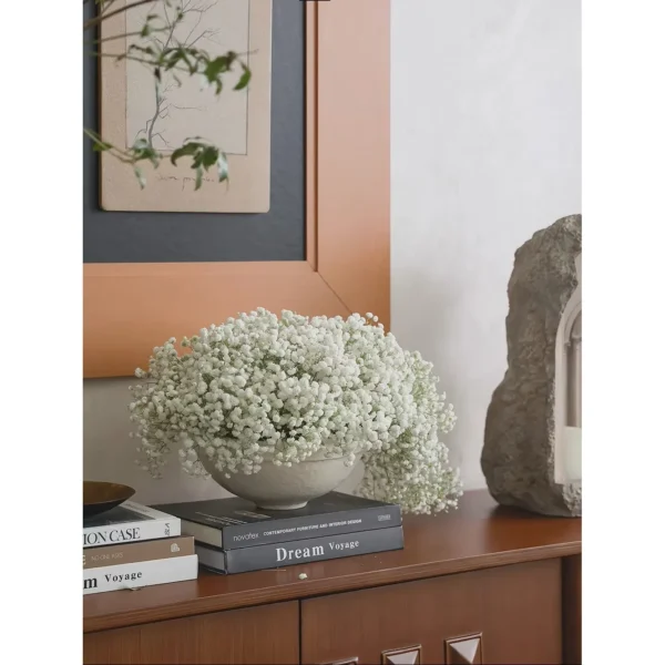 Wide-Mouth Ceramic Vase and Fruit Bowl in Sand Glaze — in a room setting