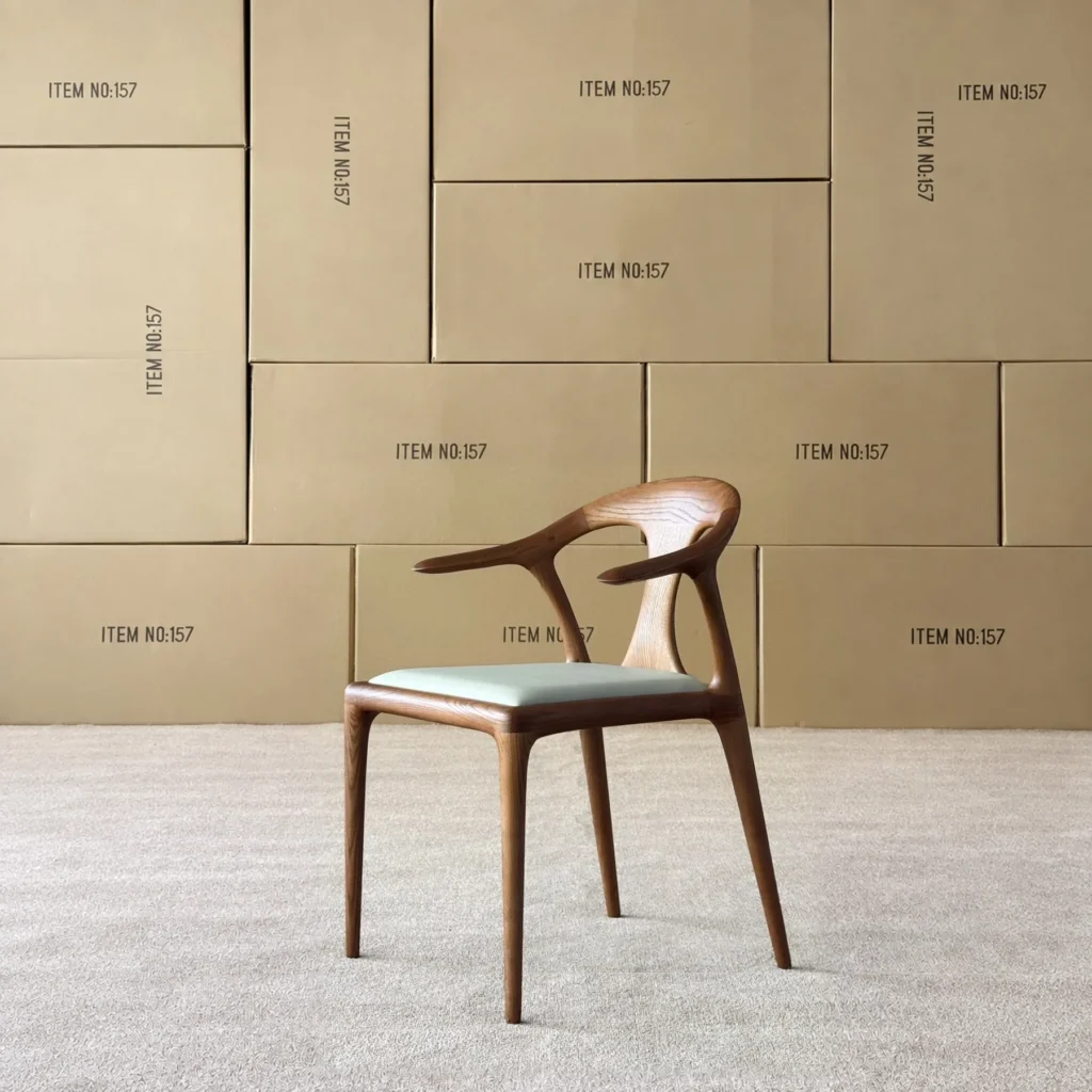 Duckbill Ash Dining Chair with Leather Seat, 61 cm in walnut — front view