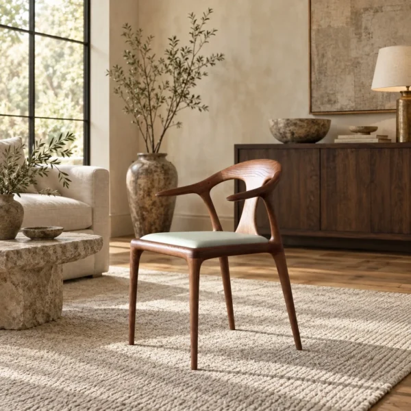 Duckbill Ash Dining Chair with Leather Seat, 61 cm in walnut — in a room setting