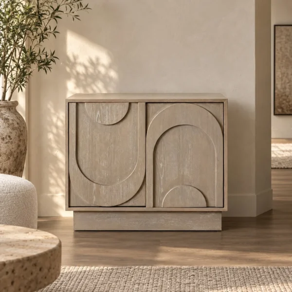 Dune Carved Washed Oak Cabinet in natural oak — in a room setting