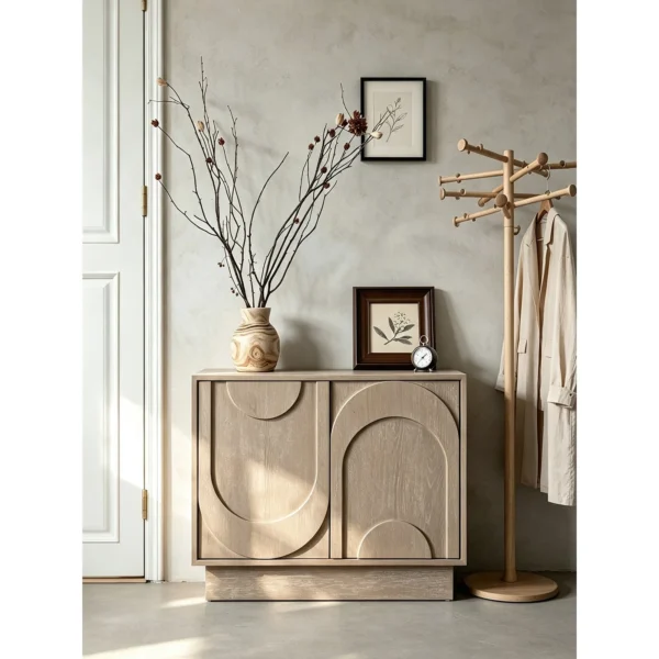 Dune Carved Washed Oak Cabinet in natural oak — in a room setting
