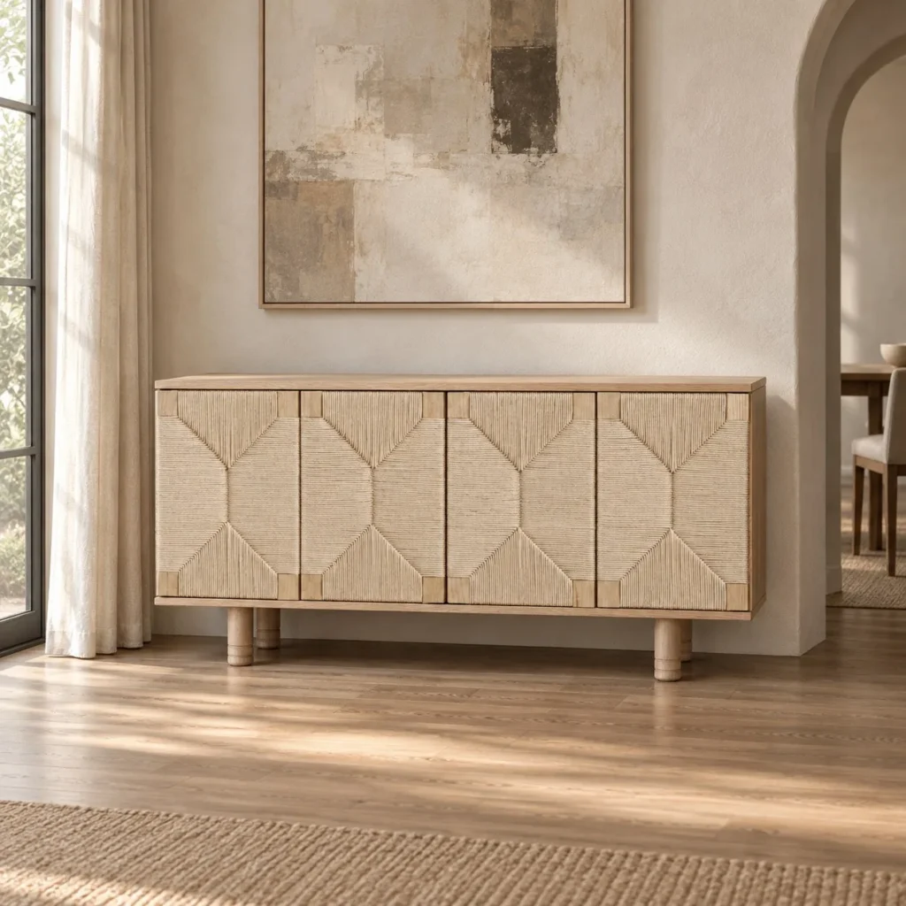 Duoxi Cabinet with Hand-Woven Paper Cord Geometric Doors in natural oak — front view