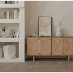 Duoxi Cabinet with Hand-Woven Paper Cord Geometric Doors in natural oak — in a room setting