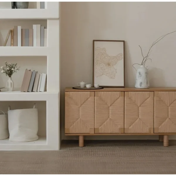 Duoxi Cabinet with Hand-Woven Paper Cord Geometric Doors in natural oak — in a room setting