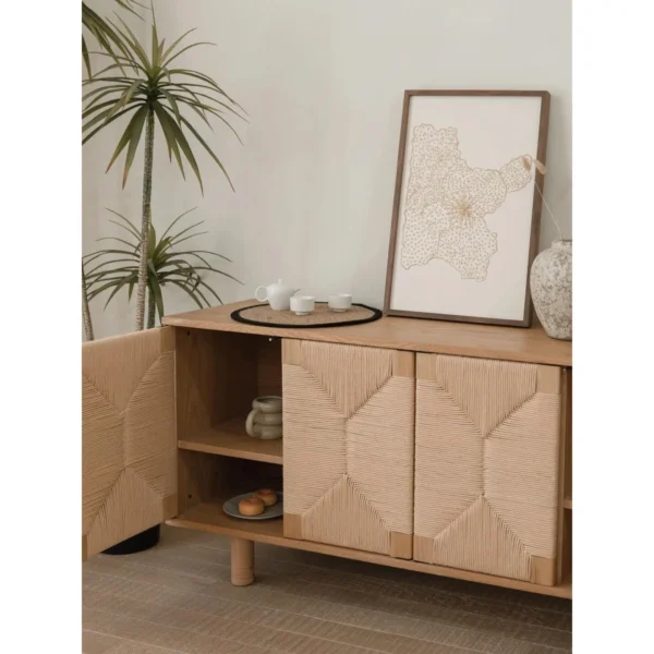 Duoxi Cabinet with Hand-Woven Paper Cord Geometric Doors in natural oak — in a room setting