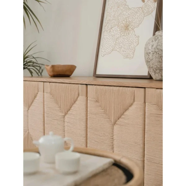 Duoxi Cabinet with Hand-Woven Paper Cord Geometric Doors in natural oak — in a room setting