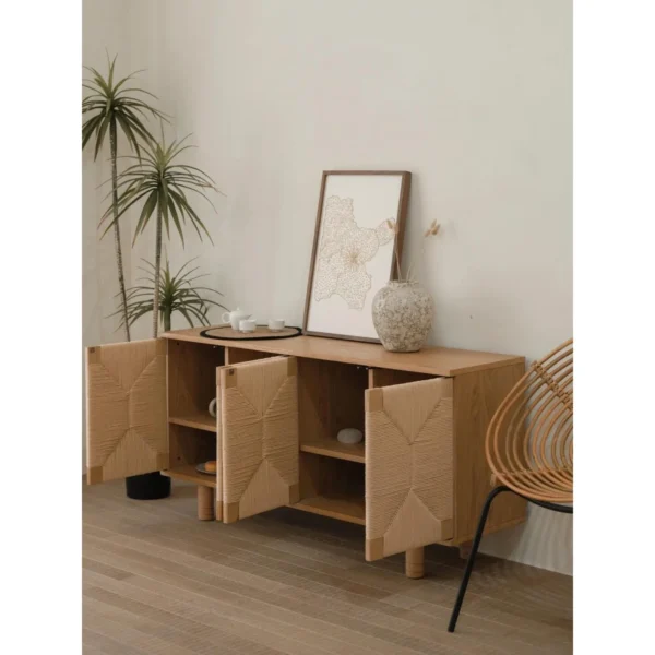 Duoxi Cabinet with Hand-Woven Paper Cord Geometric Doors in natural oak — in a room setting