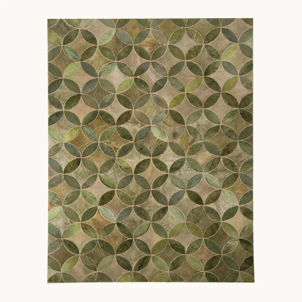 Durable Cowhide Circle Lattice Rug in Sage Green — front view