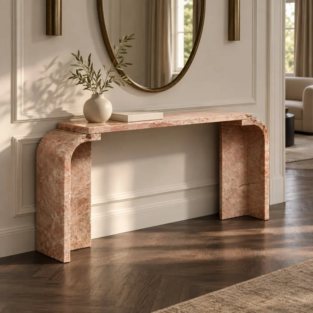 Dusk Pink Marble Waterfall Console Table in rose stone — front view