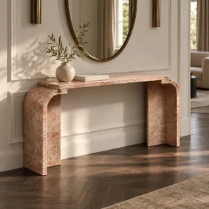 Dusk Pink Marble Waterfall Console Table in rose stone — front view