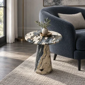 Dusk Light Marble Round Side Table on Cone Base in black — front view