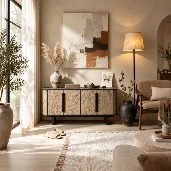 Rippled Ash-Grain Rounded Sideboard with Black Pulls in natural oak — in a room setting