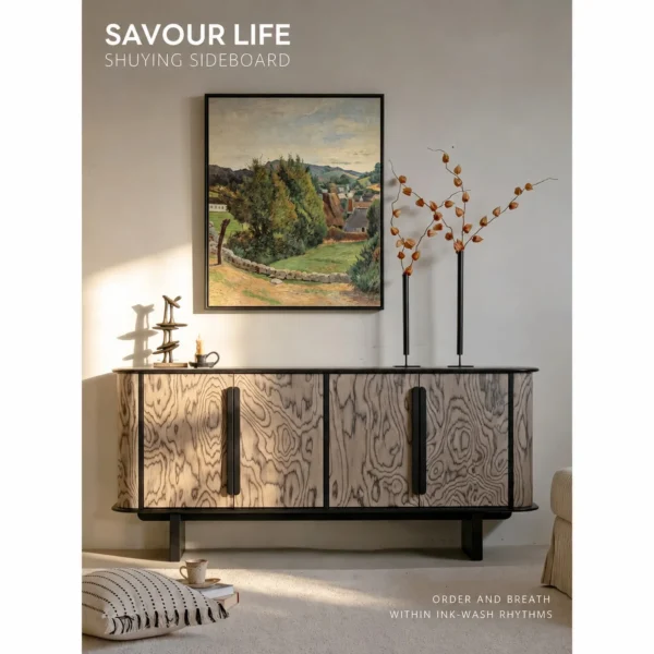 Rippled Ash-Grain Rounded Sideboard with Black Pulls in natural oak — in a room setting