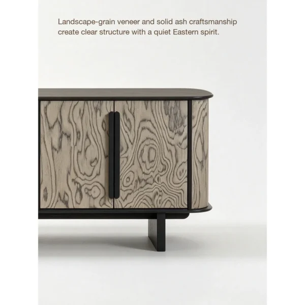 Rippled Ash-Grain Rounded Sideboard with Black Pulls in natural oak — in a room setting