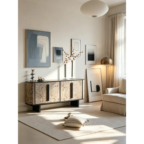 Rippled Ash-Grain Rounded Sideboard with Black Pulls in natural oak — in a room setting