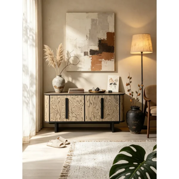 Rippled Ash-Grain Rounded Sideboard with Black Pulls in natural oak — in a room setting