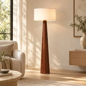 Eastside Acacia Wood Cone Floor Lamp in clay — front view