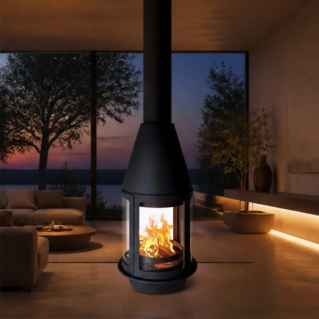 Edith Suspended Lantern Fireplace with Glass Panels, 56.5 cm in black — front view