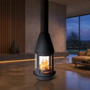 Edith Suspended Lantern Fireplace with Glass Panels, 56.5 cm in black — in a room setting
