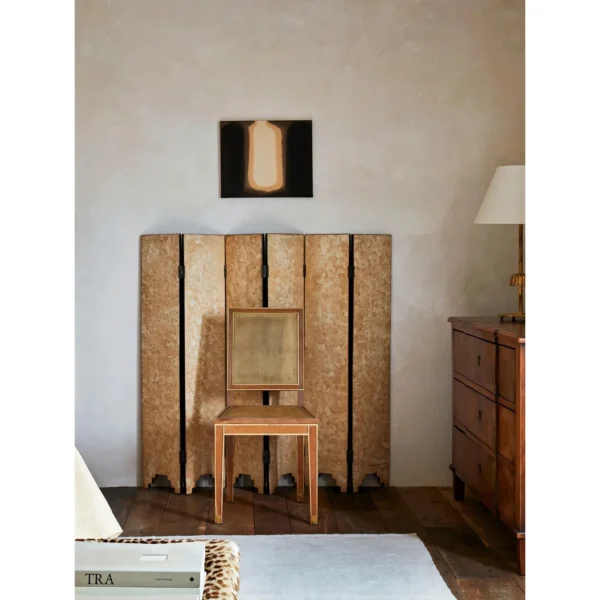 Eggshell Lacquer Two-Panel Folding Screen in oatmeal — in a room setting