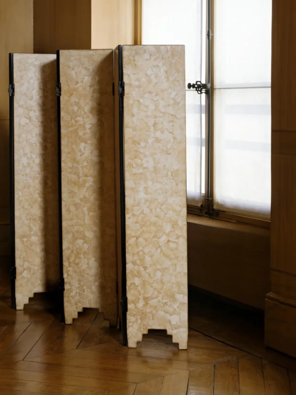 Eggshell Lacquer Two-Panel Folding Screen in oatmeal — in a room setting
