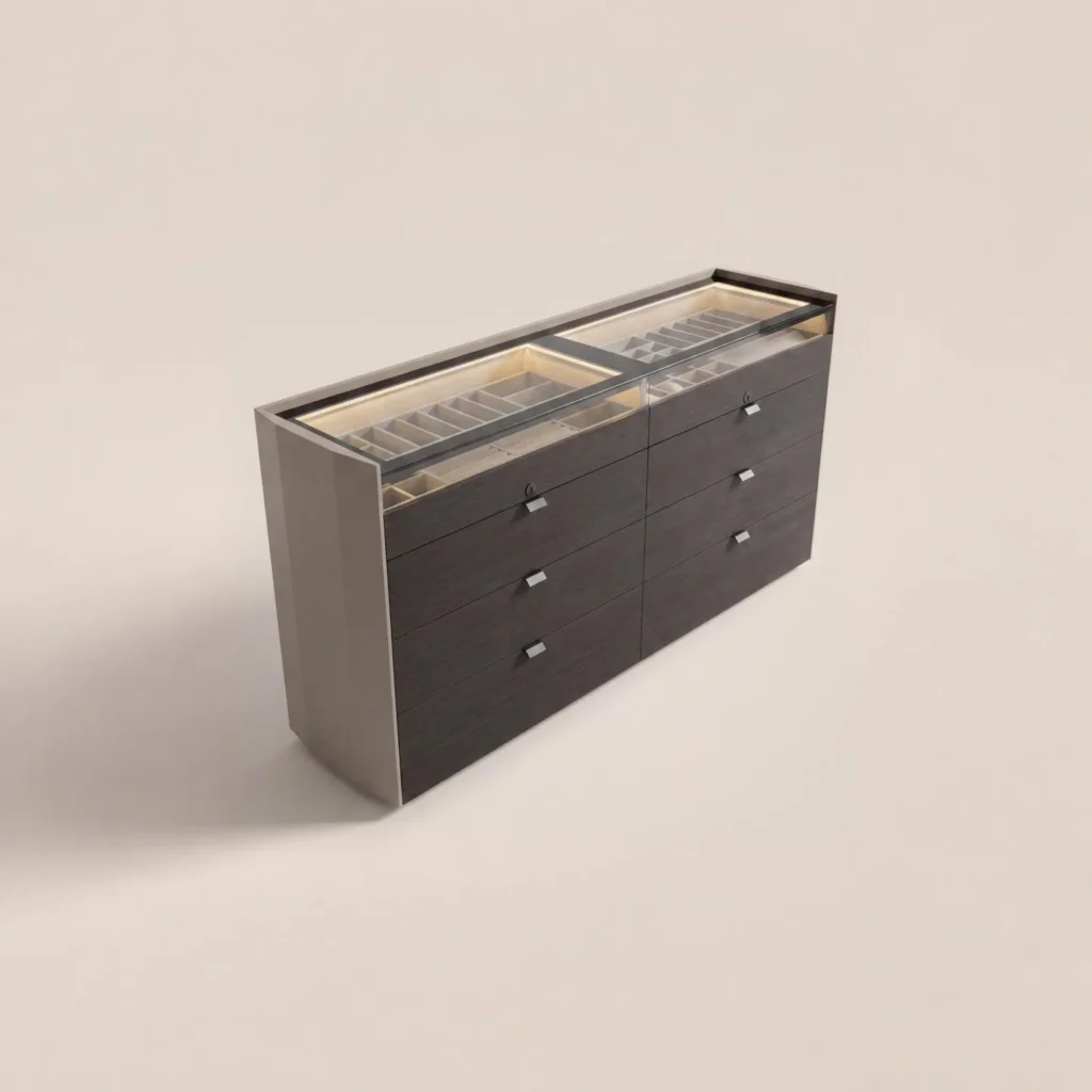 Eight-Drawer Jewellery Chest with Lit Glass Display Top in black — front view