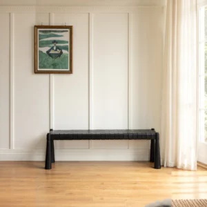 Hand-Woven Leather Teak Bench in black — front view