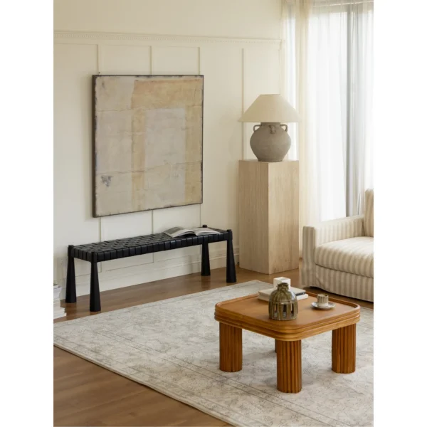 Hand-Woven Leather Teak Bench in black — in a room setting