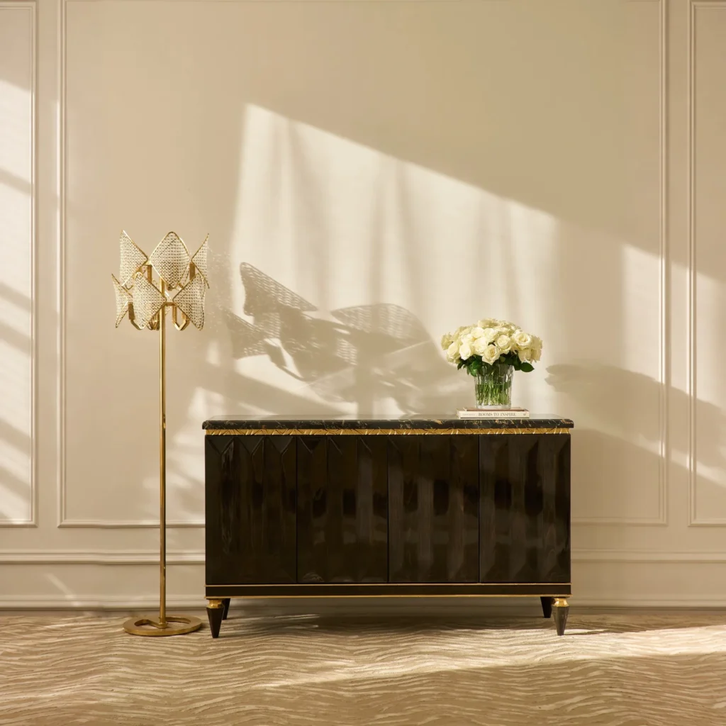 Eliana Diamond-Cut Sideboard with Marble Top and Gold Leaf in black — front view