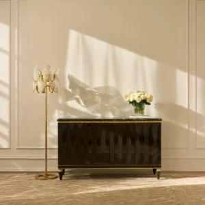 Eliana Diamond-Cut Sideboard with Marble Top and Gold Leaf in black — front view