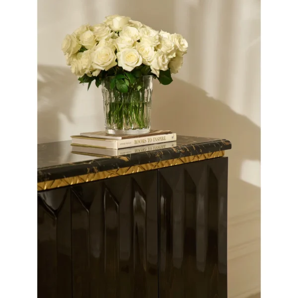 Eliana Diamond-Cut Sideboard with Marble Top and Gold Leaf in black — in a room setting