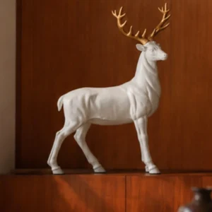 White Stag Sculpture with Gold Antlers in ivory — front view