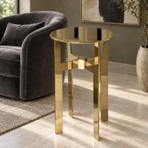 Polished Brass Cross-Frame Round Side Table in brushed brass — front view