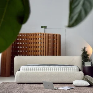 Embrace Rounded Bouclé Bed with Full Wraparound Headboard in oatmeal — front view