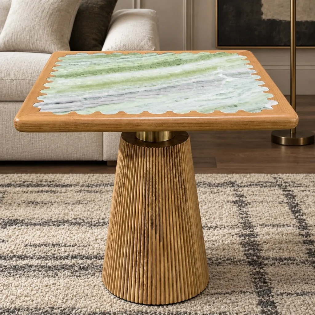 Emerald Green Stone Side Table on Fluted Oak Pedestal in olive — front view