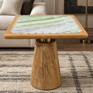 Emerald Green Stone Side Table on Fluted Oak Pedestal in olive — front view