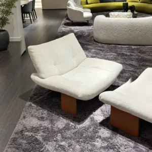 Emmy Cream Bouclé Lounge Chair with Ottoman on Wood Base in oatmeal — front view