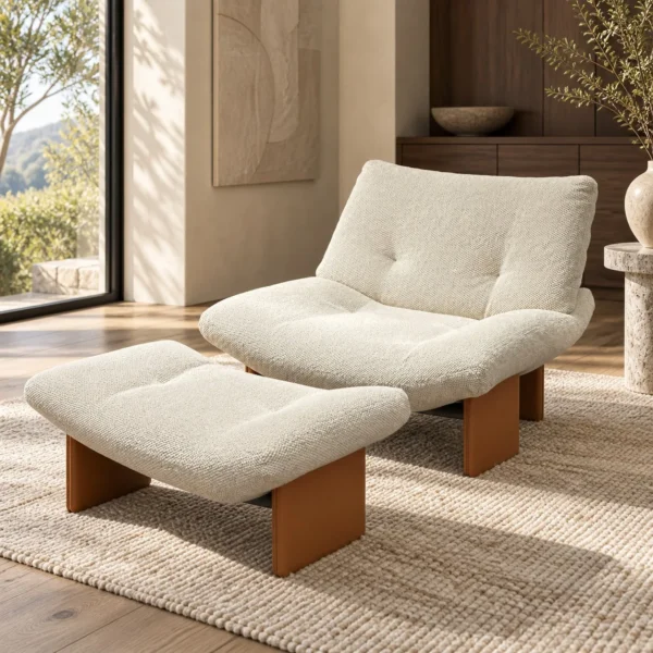 Emmy Cream Bouclé Lounge Chair with Ottoman on Wood Base in oatmeal — in a room setting