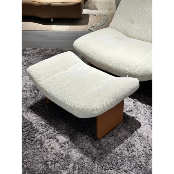 Emmy Cream Bouclé Lounge Chair with Ottoman on Wood Base in oatmeal — in a room setting