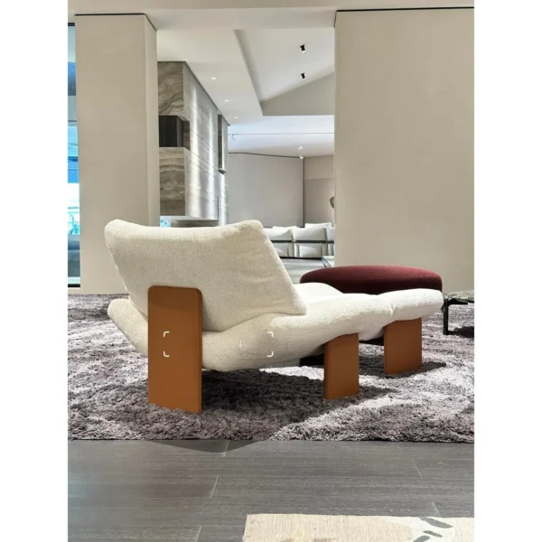 Emmy Cream Bouclé Lounge Chair with Ottoman on Wood Base in oatmeal — in a room setting