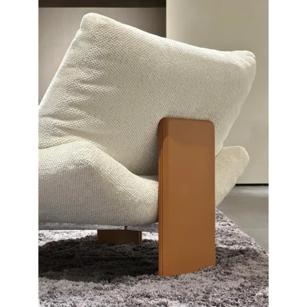 Emmy Cream Bouclé Lounge Chair with Ottoman on Wood Base in oatmeal — in a room setting