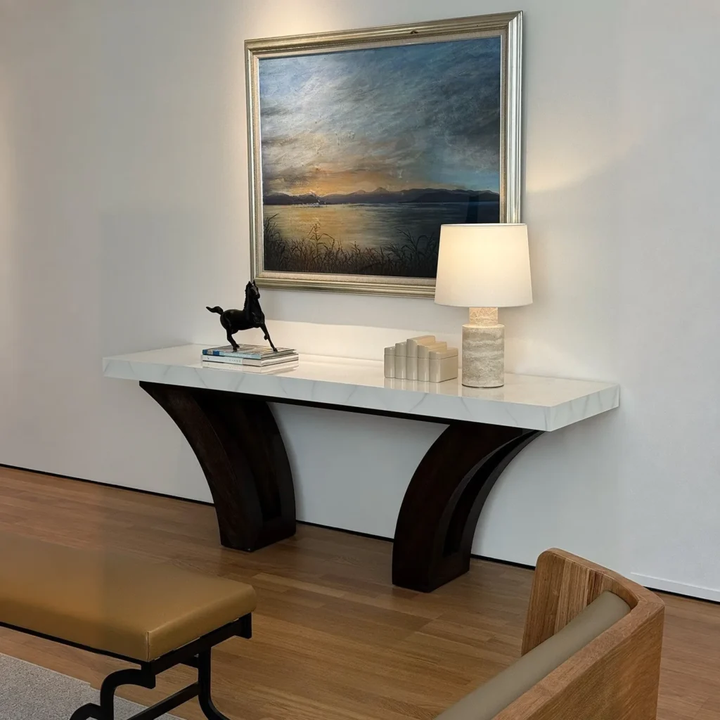 Arche White Stone Console on Curved Charcoal Wood Base in ivory — front view