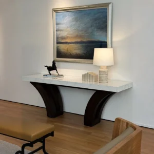 Arche White Stone Console on Curved Charcoal Wood Base in ivory — front view