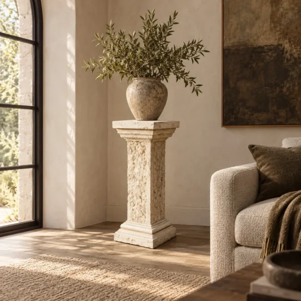 Eroded Stone Column Sculpture Pedestal in oatmeal — in a room setting
