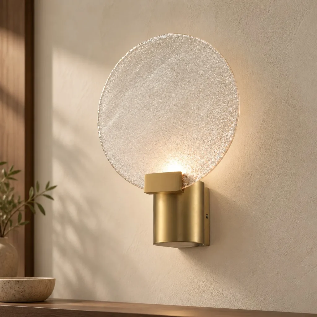 Etched Glass Disc Wall Light with Brass Cylinder in silver — front view