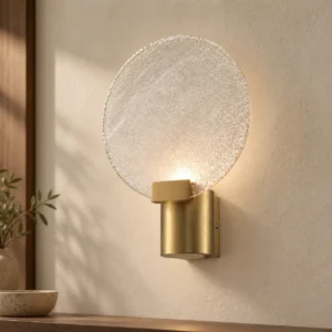 Etched Glass Disc Wall Light with Brass Cylinder in silver — front view