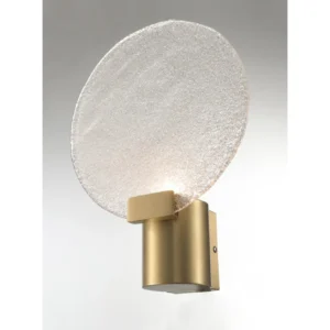 Etched Glass Disc Wall Light with Brass Cylinder in silver — in a room setting