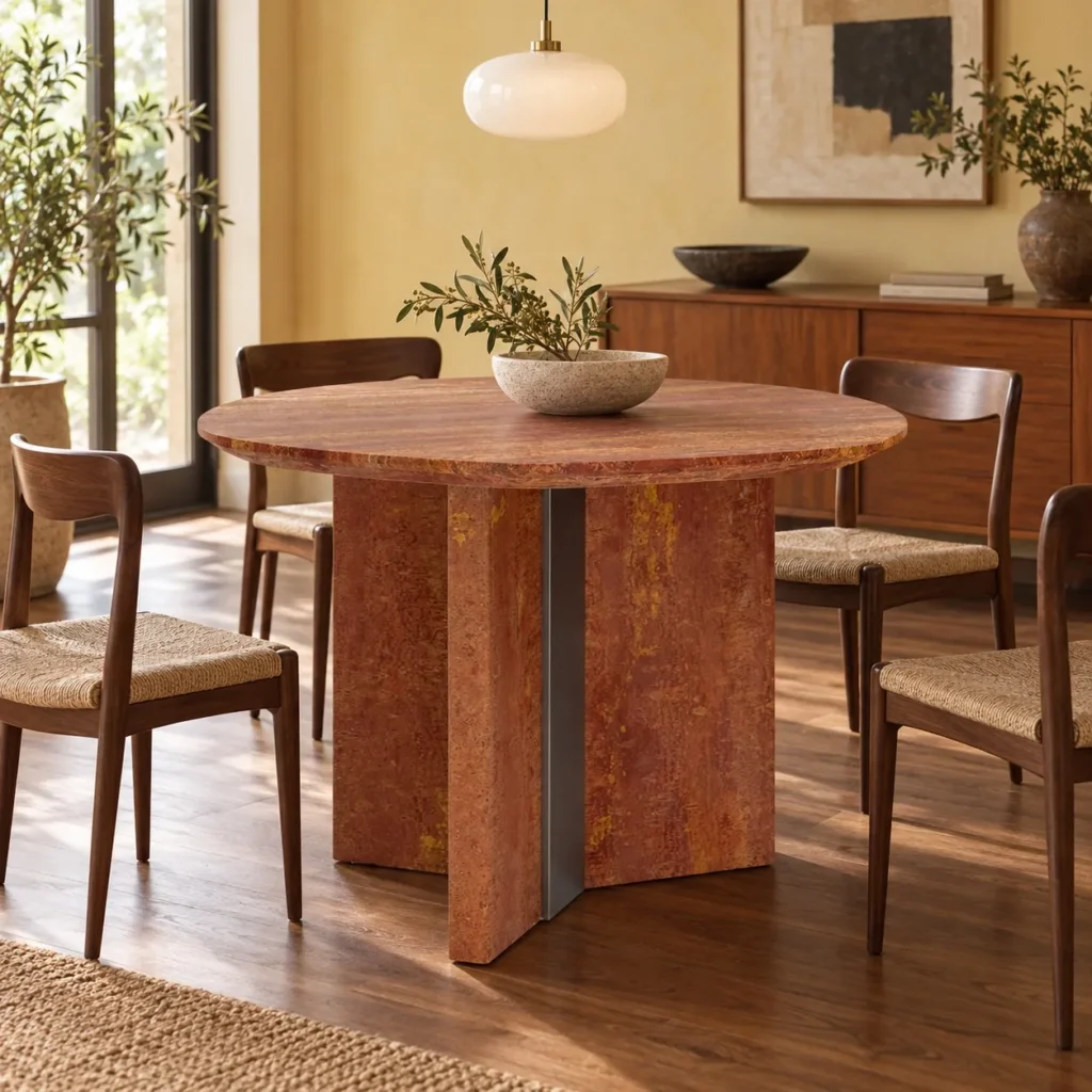 Red Travertine Round Dining Table in rust — front view