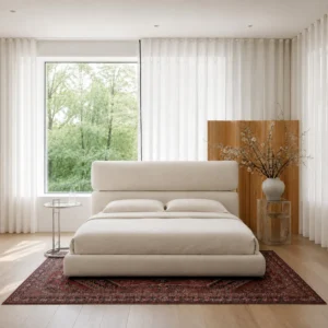 Evans Two-Tier Curved Headboard Bed in oatmeal — front view