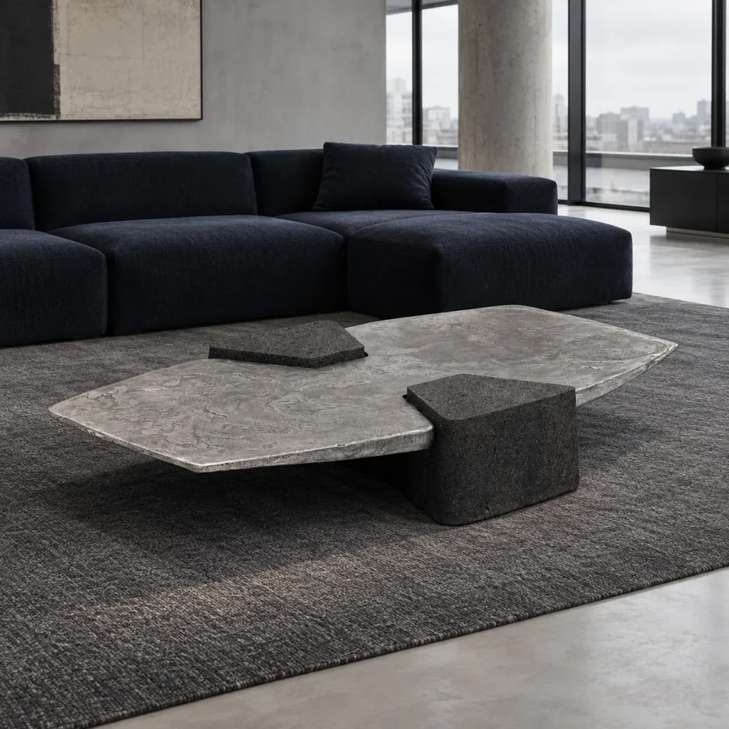 Cast Metal and Volcanic Stone Coffee Table, 230 cm in slate — front view